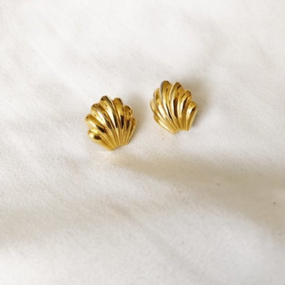 Monet Gold Tone Shell Stud Post Earrings